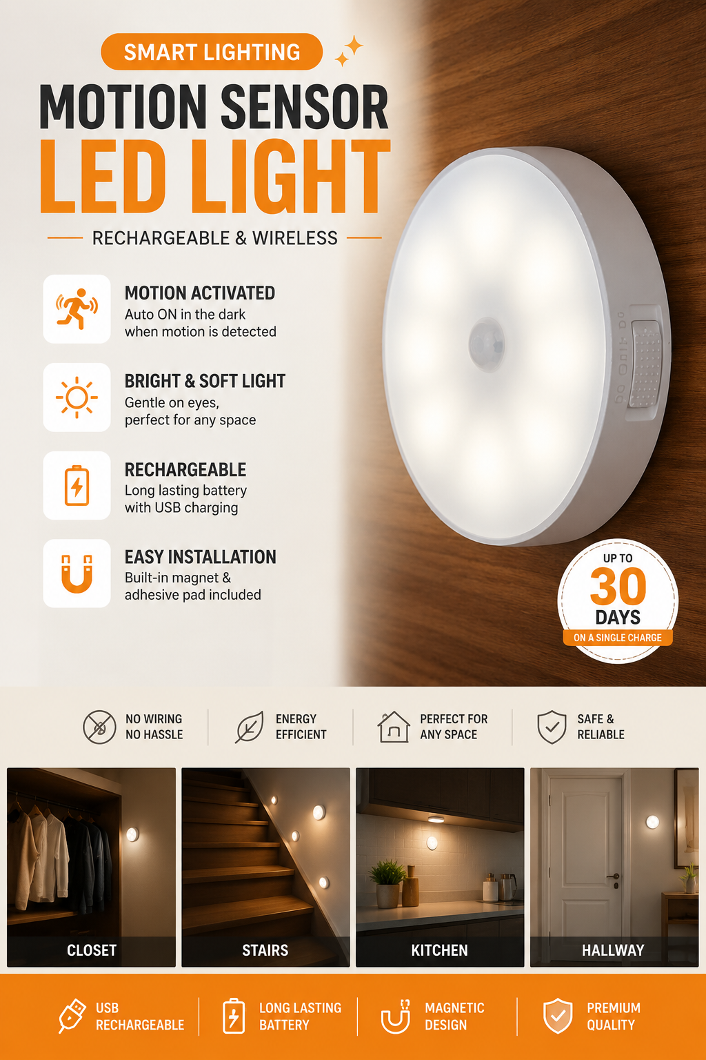 ZEXO's Rechargeable Motion Sensor LED Night Light for Modern Kitchen, Cabinet, Stair, Closet.
